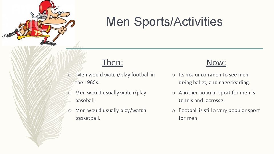 Men Sports/Activities Then: Now: o Men would watch/play football in the 1960 s. o