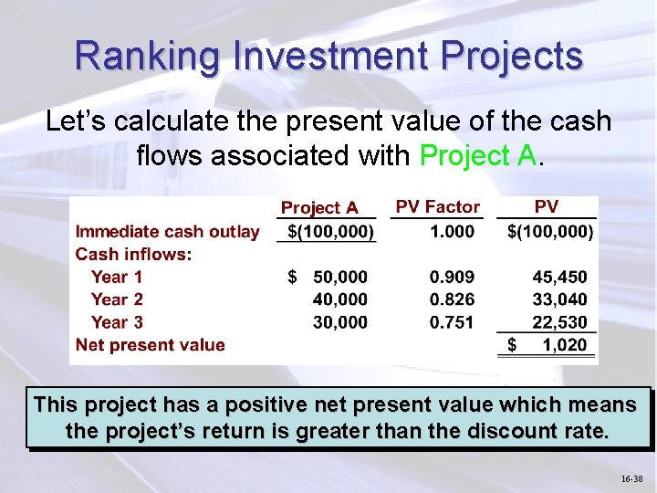 Ranking Investment Projects Let’s calculate the present value of the cash flows associated with