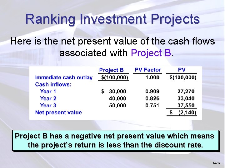 Ranking Investment Projects Here is the net present value of the cash flows associated