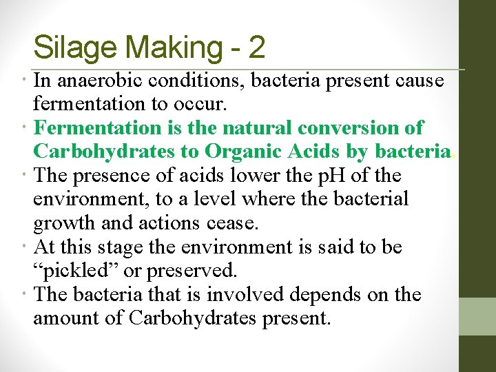 Silage Making - 2 In anaerobic conditions, bacteria present cause fermentation to occur. Fermentation