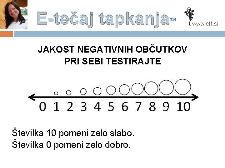 E-tečaj tapkanja™ JAKOST NEGATIVNIH OBČUTKOV PRI SEBI TESTIRAJTE Številka 10 pomeni zelo slabo. Številka