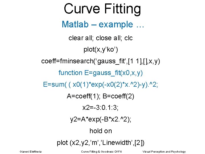 Curve Fitting Matlab – example … clear all; close all; clc plot(x, y’ko’) coeff=fminsearch(‘gauss_fit’,