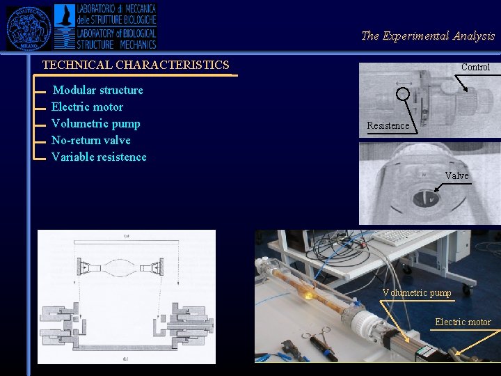The Experimental Analysis TECHNICAL CHARACTERISTICS Modular structure Electric motor Volumetric pump No-return valve Variable