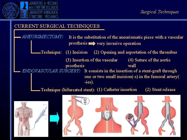 Surgical Techniques CURRENT SURGICAL TECHNIQUES ANEURSMECTOMY: It is the substitution of the aneurismatic piece