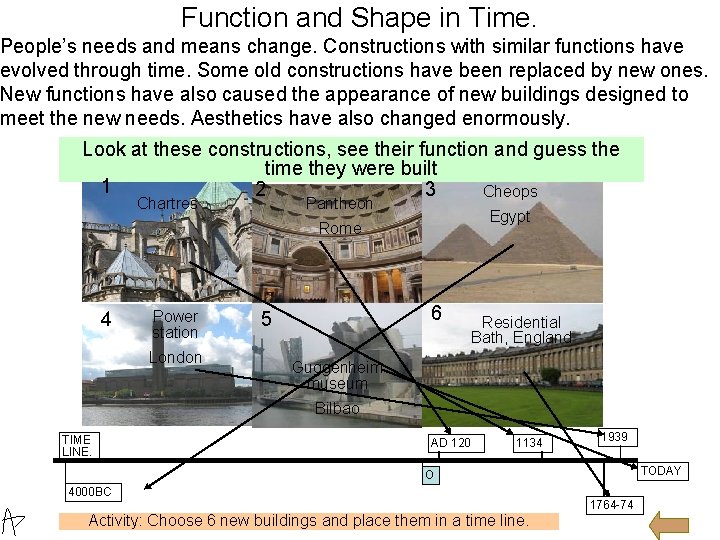 Function and Shape in Time. People’s needs and means change. Constructions with similar functions