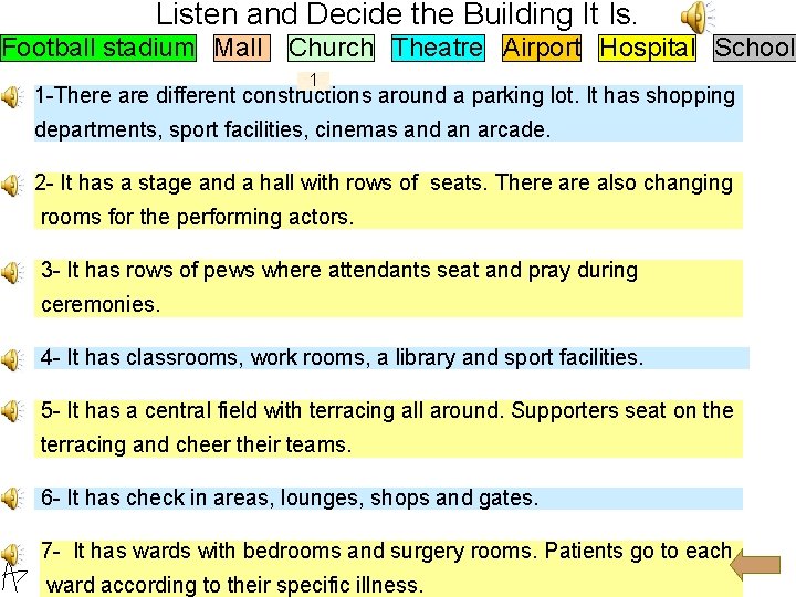 Listen and Decide the Building It Is. Football stadium Mall Church Theatre Airport Hospital