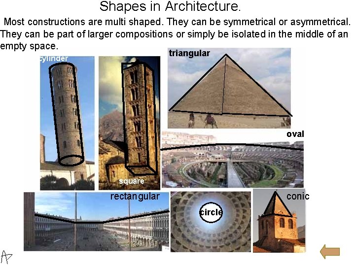 Shapes in Architecture. Most constructions are multi shaped. They can be symmetrical or asymmetrical.