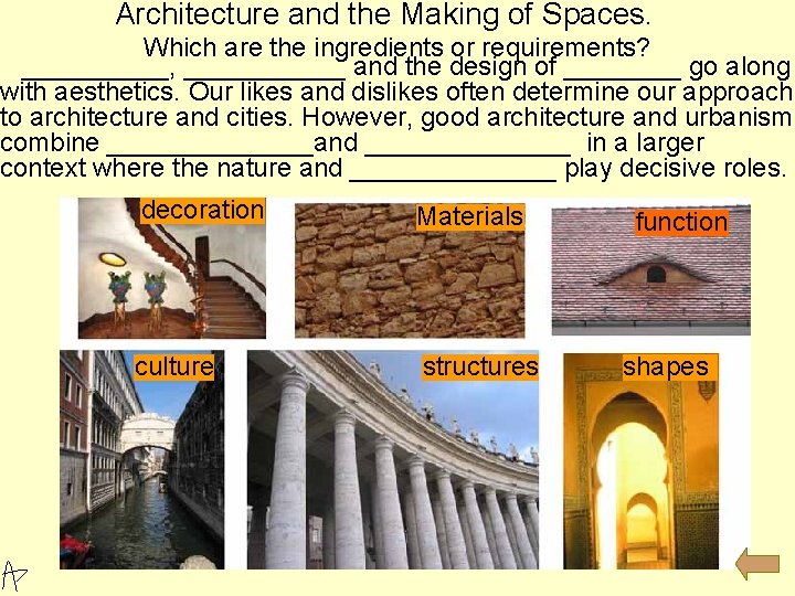 Architecture and the Making of Spaces. Which are the ingredients or requirements? _____, ______