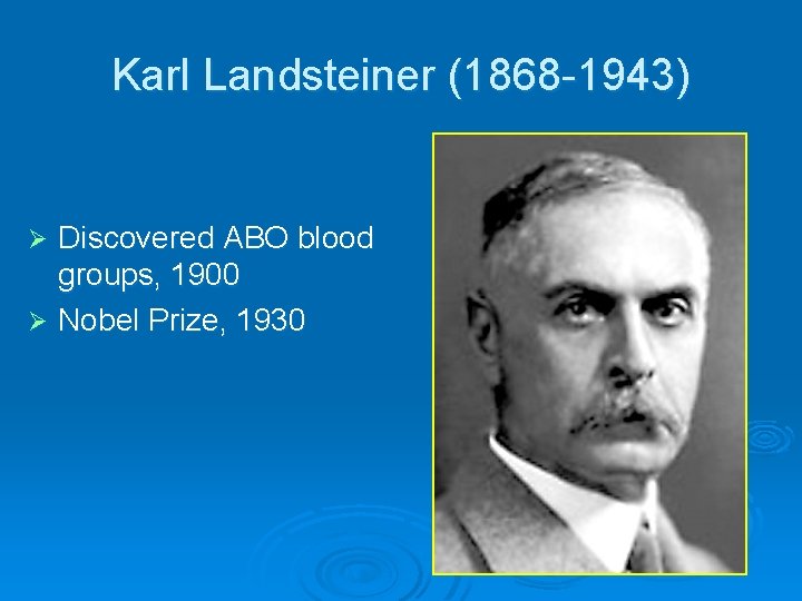 Karl Landsteiner (1868 -1943) Discovered ABO blood groups, 1900 Ø Nobel Prize, 1930 Ø