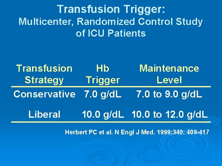 Transfusion Trigger: Multicenter, Randomized Control Study of ICU Patients Transfusion Hb Strategy Trigger Conservative