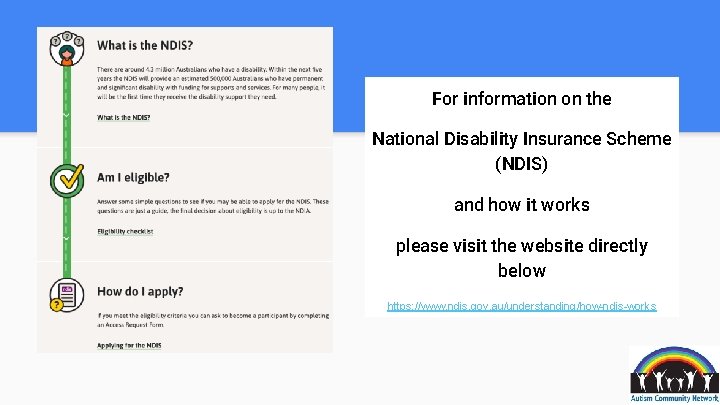 For information on the National Disability Insurance Scheme (NDIS) and how it works please