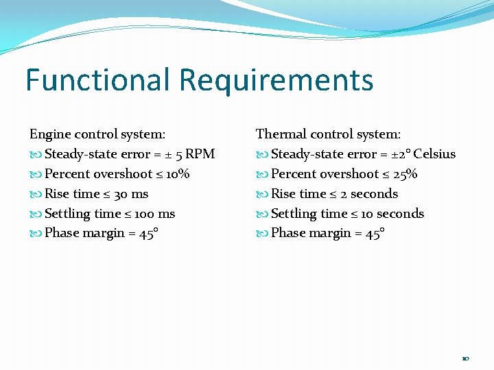 Functional Requirements Engine control system: Steady-state error = ± 5 RPM Percent overshoot ≤