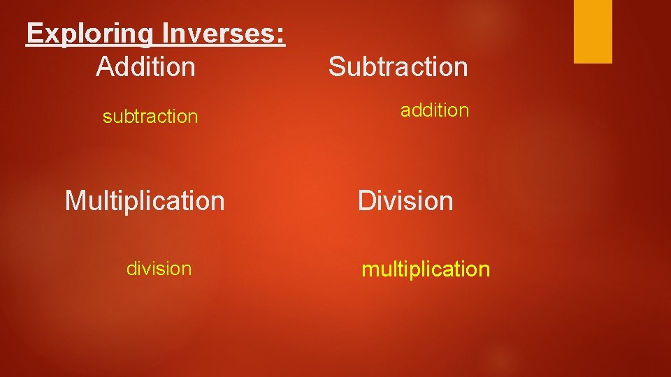 Exploring Inverses: Addition subtraction Multiplication division Subtraction addition Division multiplication Exploring Inverses: Addition subtraction Multiplication division Subtraction addition Division multiplication