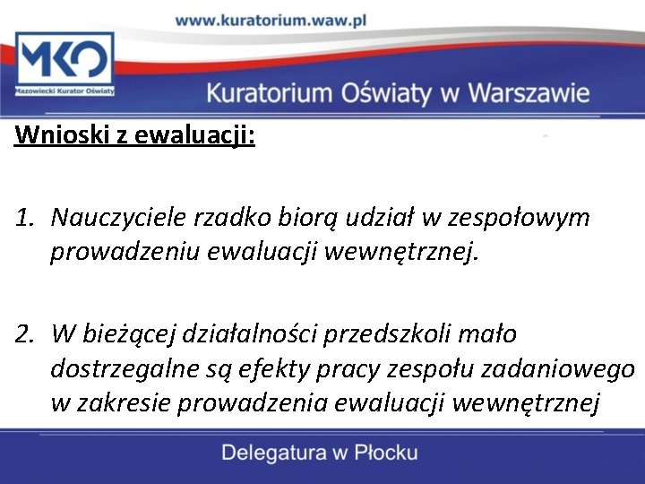 Wnioski z ewaluacji: 1. Nauczyciele rzadko biorą udział w zespołowym prowadzeniu ewaluacji wewnętrznej. 2.