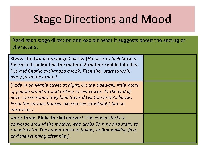 Stage Directions and Mood Read each stage direction and explain what it suggests about