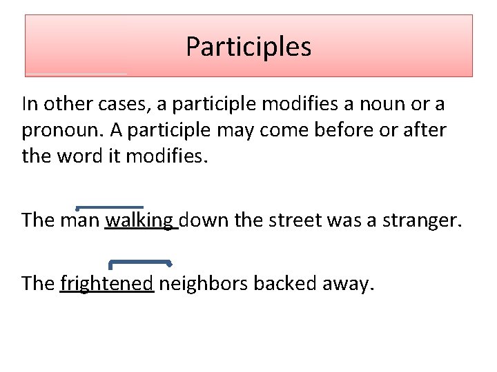 Participles In other cases, a participle modifies a noun or a pronoun. A participle