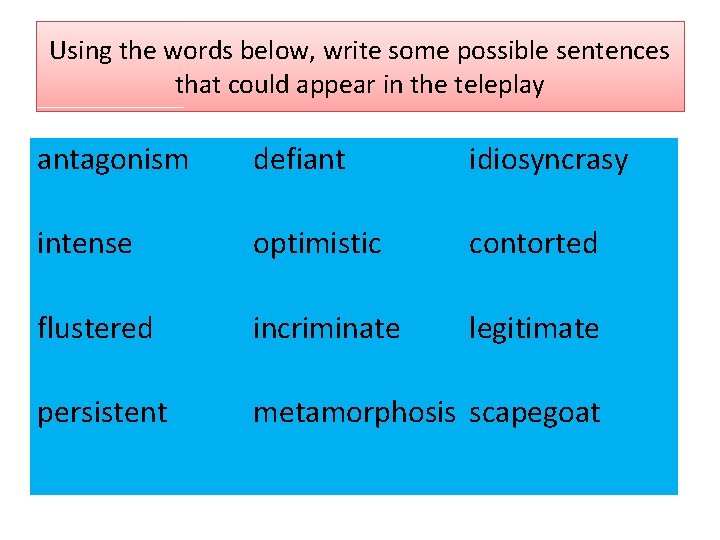 Using the words below, write some possible sentences that could appear in the teleplay