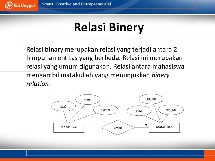 Relasi Binery Relasi binary merupakan relasi yang terjadi antara 2 himpunan entitas yang berbeda.