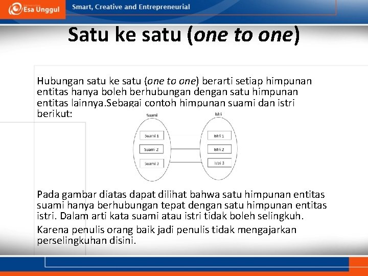 Satu ke satu (one to one) Hubungan satu ke satu (one to one) berarti