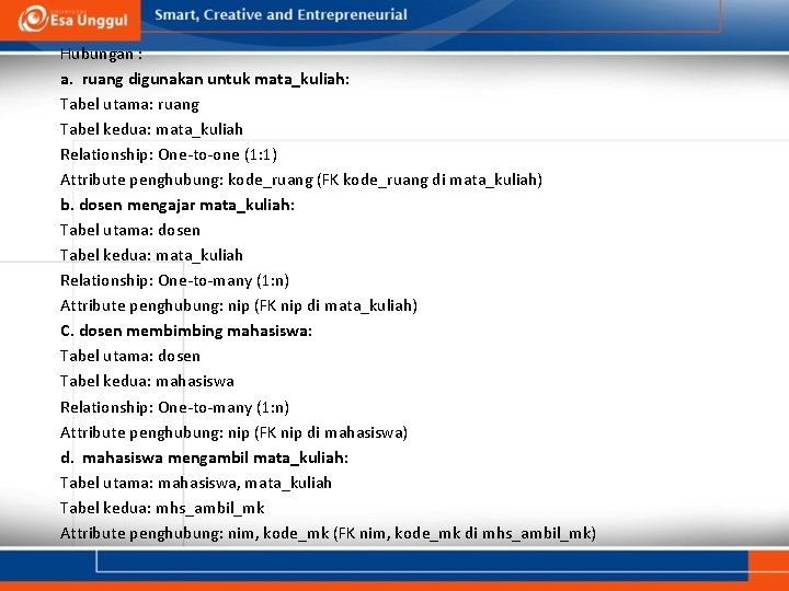 Hubungan : a. ruang digunakan untuk mata_kuliah: Tabel utama: ruang Tabel kedua: mata_kuliah Relationship: