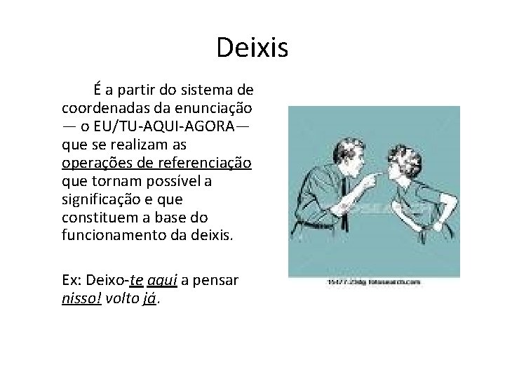 Deixis É a partir do sistema de coordenadas da enunciação — o EU/TU-AQUI-AGORA— que