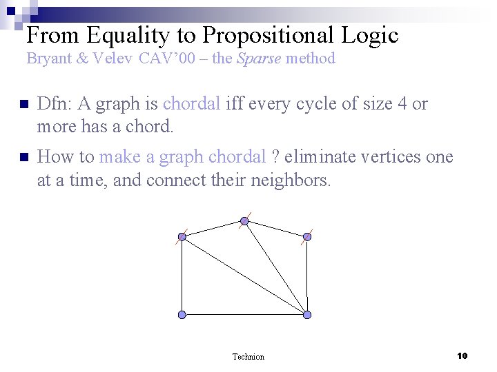 From Equality to Propositional Logic Bryant & Velev CAV’ 00 – the Sparse method