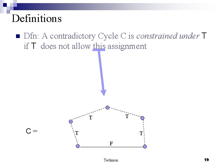 Definitions n Dfn: A contradictory Cycle C is constrained under T if T does