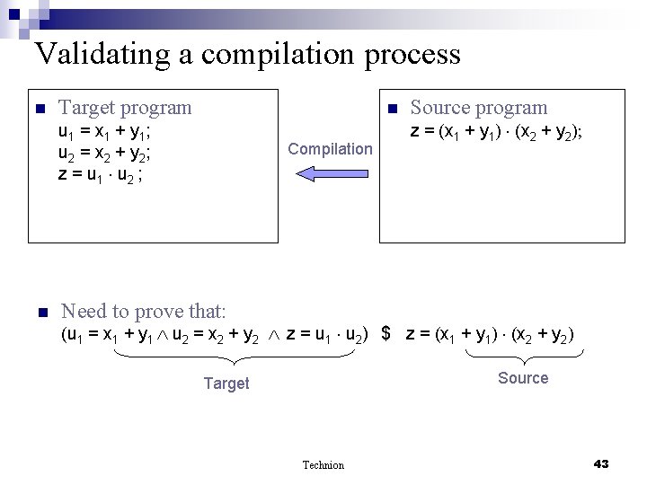 Validating a compilation process n Target program n u 1 = x 1 +