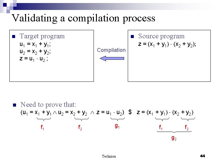 Validating a compilation process n Target program n u 1 = x 1 +