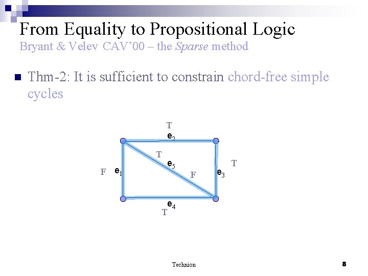 From Equality to Propositional Logic Bryant & Velev CAV’ 00 – the Sparse method