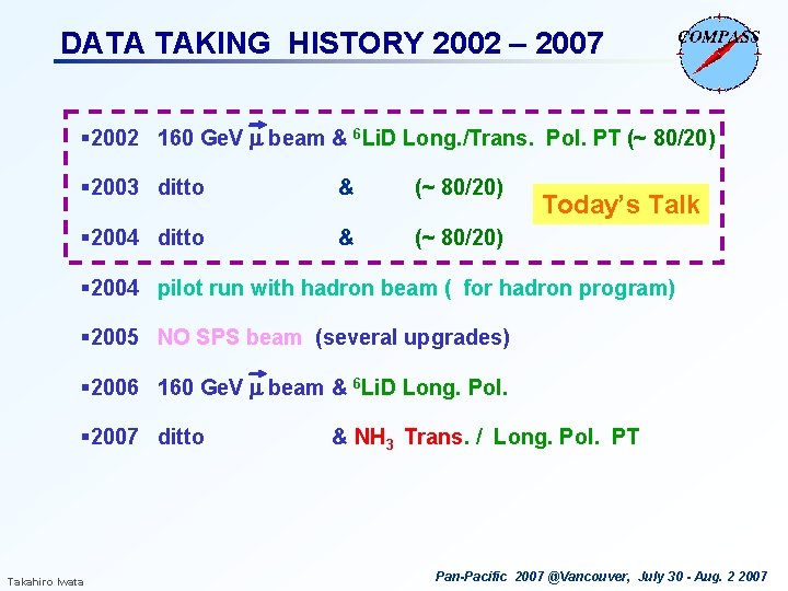 DATA TAKING HISTORY 2002 – 2007 § 2002 160 Ge. V m beam &