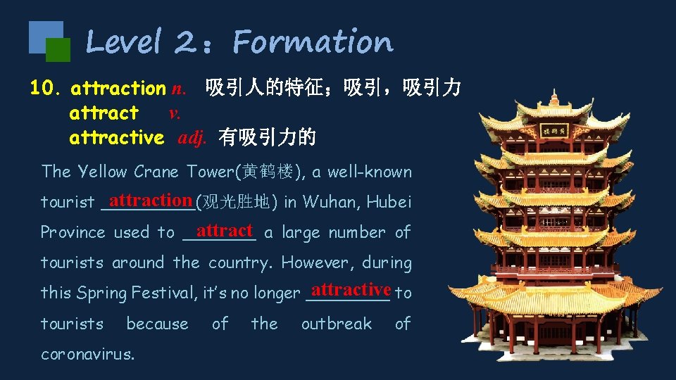 Level 2 ：Formation 10. attraction n. 吸引人的特征；吸引，吸引力 attract v. attractive adj. 有吸引力的 The Yellow