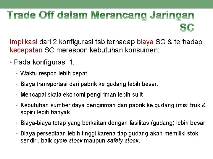 Implikasi dari 2 konfigurasi tsb terhadap biaya SC & terhadap kecepatan SC merespon kebutuhan