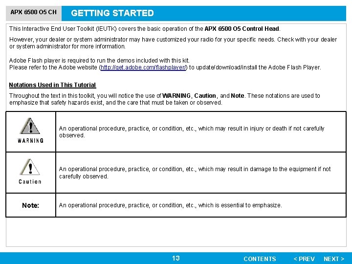 APX 6500 O 5 CH GETTING STARTED This Interactive End User Toolkit (IEUTK) covers
