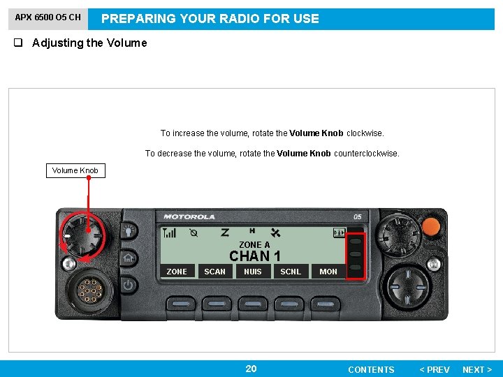 APX 6500 O 5 CH PREPARING YOUR RADIO FOR USE q Adjusting the Volume