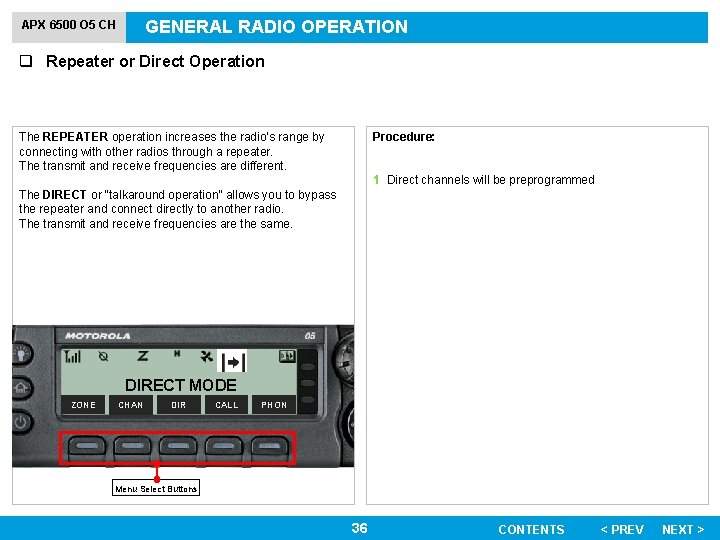 GENERAL RADIO OPERATION APX 6500 O 5 CH q Repeater or Direct Operation Procedure: