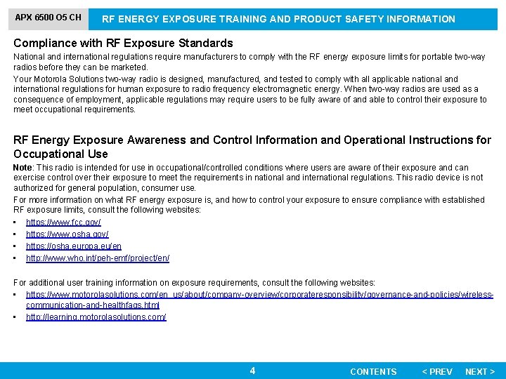 APX 6500 O 5 CH RF ENERGY EXPOSURE TRAINING AND PRODUCT SAFETY INFORMATION Compliance