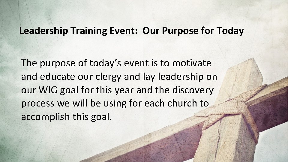 Leadership Training Event: Our Purpose for Today The purpose of today’s event is to