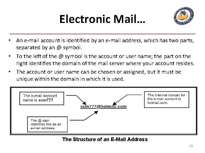 Electronic Mail… • An e-mail account is identified by an e-mail address, which has