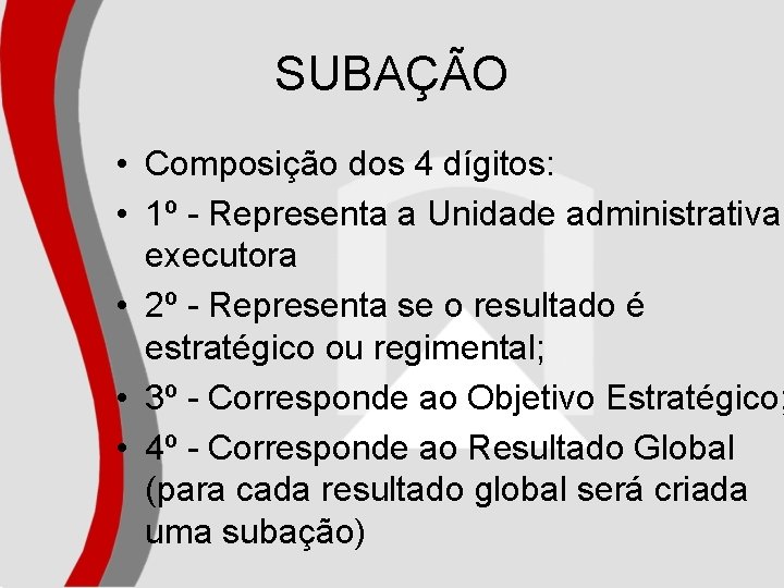 SUBAÇÃO • Composição dos 4 dígitos: • 1º - Representa a Unidade administrativa executora