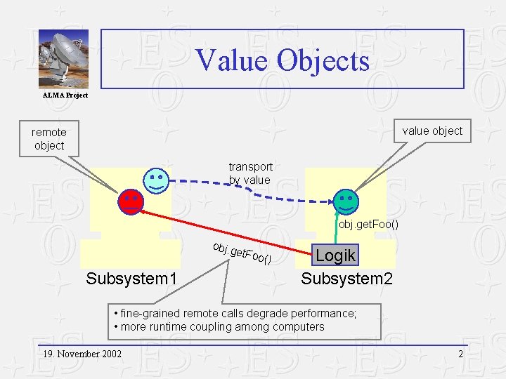 Value Objects ALMA Project value object remote object transport by value obj. get. Foo()