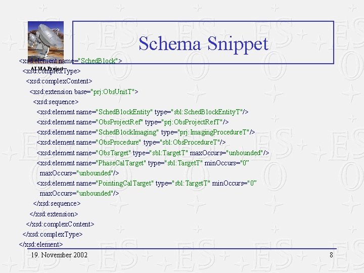 Schema Snippet <xsd: element name="Sched. Block"> ALMA Project <xsd: complex. Type> <xsd: complex. Content>