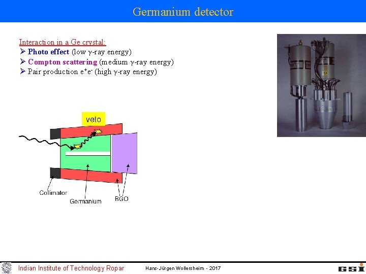 Germanium detector Interaction in a Ge crystal: Ø Photo effect (low γ-ray energy) Ø