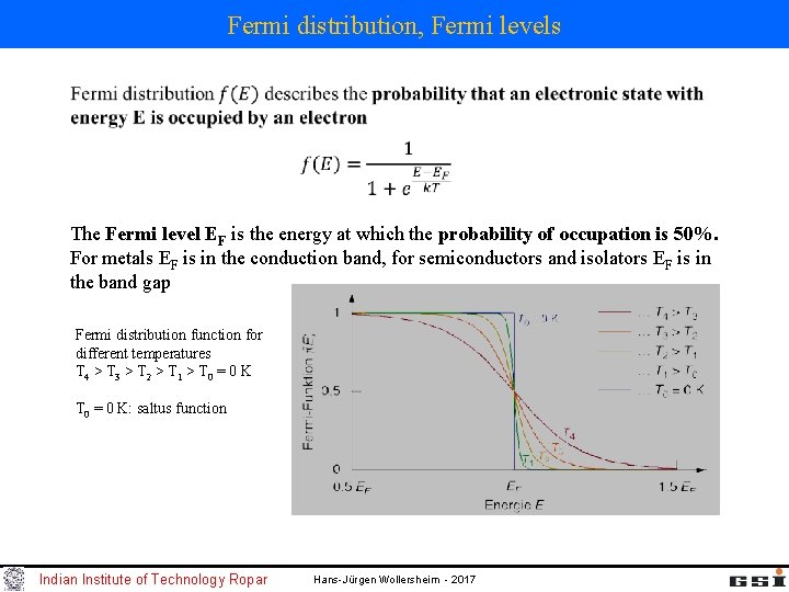 Fermi distribution, Fermi levels The Fermi level EF is the energy at which the