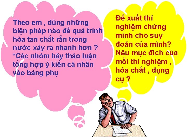 Theo em , dùng những biện pháp nào để quá trình hòa tan chất