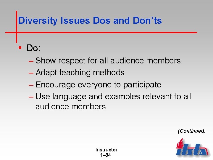 Diversity Issues Dos and Don’ts • Do: – Show respect for all audience members Diversity Issues Dos and Don’ts • Do: – Show respect for all audience members