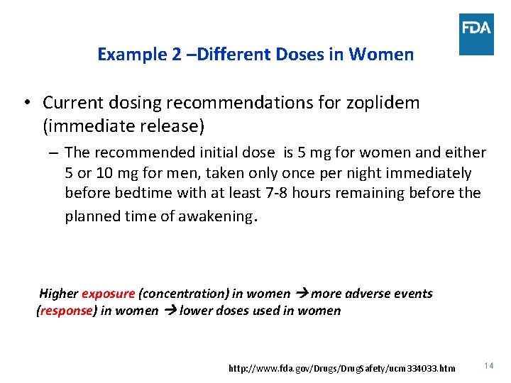 Example 2 –Different Doses in Women • Current dosing recommendations for zoplidem (immediate release)