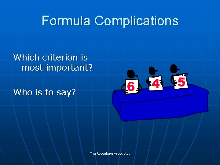 Formula Complications Which criterion is most important? Who is to say? The Rosenberg Associates