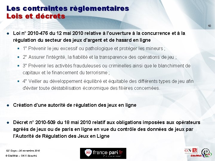 Les contraintes règlementaires Lois et décrets 10 l Loi n° 2010 -476 du 12