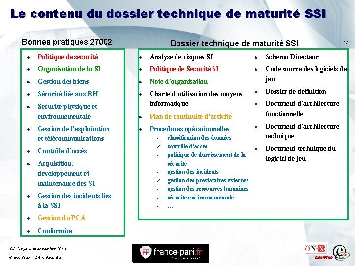 Le contenu du dossier technique de maturité SSI Bonnes pratiques 27002 Dossier technique de